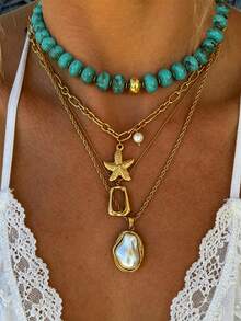 3/4pcs Fashion Minimalist Exaggerated Old Money Style Bohemian Chunky Beaded Starfish Faux Pearl Gold Necklace Set, Multi-Layer Stackable, Women's Summer Beach Vacation Date Party Holiday Birthday Gift For Girlfriend Mom Friend Wife, Daily Versatile - Multicolor - View 7