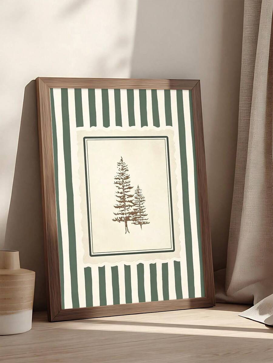 1 pièce Impression d'art croquis d'arbre de pin vintage, impression de paysage de montagne, affiche de forêt à rayures vertes, cadeau de vacances, décoration de Noël, décoration de chambre, décoration de salon, décoration de dortoir, arts muraux, décoration murale, décoration de maison, décoration de chambre, art mural sur canevas, affiches, cadre en option - 1 pièce - Voir 1
