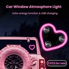 2pcs/Set High Brightness Neon Heart-Shaped Car Atmosphere Lights, Easy Installation, No Wiring Required Window Lights, Lithium Battery And Solar Powered, LED Interior Car Lights, Ideal Gift For Car Enthusiasts - Heart-shaped - View 4