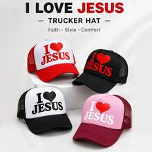 1件中性款 I Love Jesus 3D 泡泡印花卡車司機帽，透氣網布後背可調節卡扣式棒球帽，信仰勵志輕量日常帽 - i love jesus - 查看 1