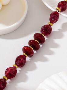 Burgundy Marble Pattern Asymmetrical Acrylic Beaded Necklace With Vintage Gold Spacer Beads, Adjustable Choker - Wine Red Ombre - View 4