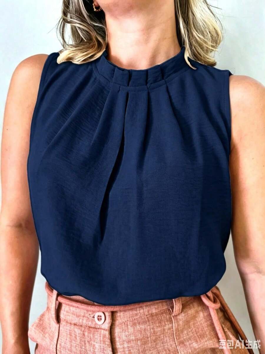Women's Social Blouse, High Neck, Button On The Back, Super Fashion - 藏蓝色 - 查看 1