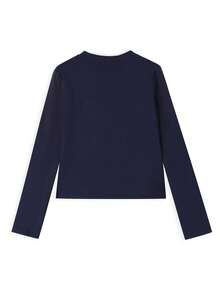 Women's Long Sleeve Henley Neck T-Shirt, Contrast Trim And Embroidery, Regular Length Top, With Button Detail - Navy Blue - View 6
