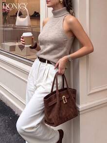 DONICY Women's Oat Turtleneck Halter Sleeveless Knit Sweater Vest, Elegant Outfit For Spring Autumn Inner Wear - Camel - View 10