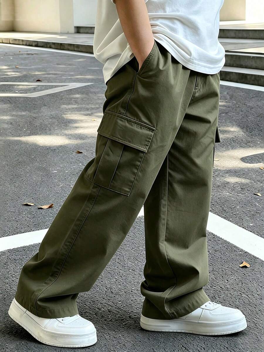 4-7歲男孩軍綠色寬鬆寬腿多口袋休閒四季戶外長褲 - 軍綠色 - 查看 1