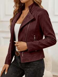 Women's Plus Size Faux Suede Motorcycle Jacket, Fashion Zipper Style Biker Jacket, Suitable For Autumn/Winter Wardrobe - Burgundy - View 2
