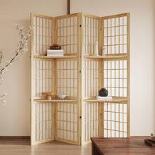 5.6FT Room Divider And Folding Portable Partition Screen, 4 Panel Asian Shoji Style Freestanding Privacy Screen With 3 Display Storage Shelves For Room Separation, Natural Wood - Natural - View 1