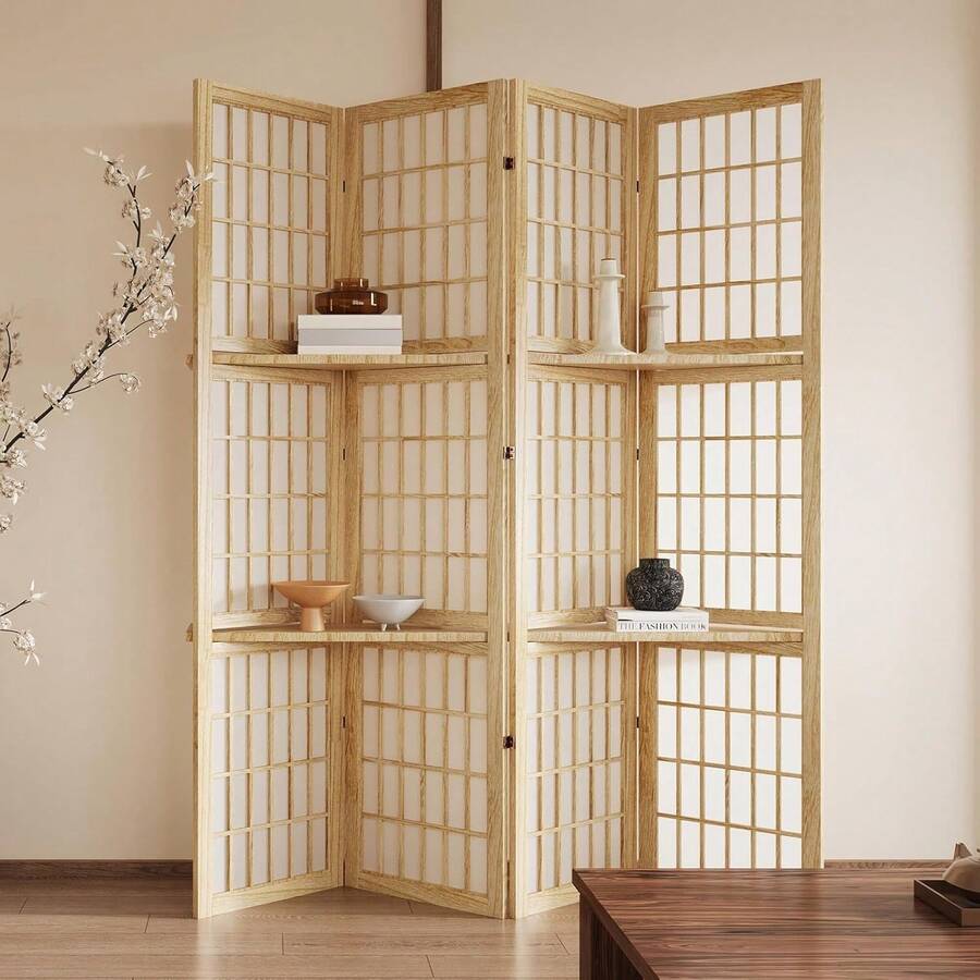 5.6FT Room Divider And Folding Portable Partition Screen, 4 Panel Asian Shoji Style Freestanding Privacy Screen With 3 Display Storage Shelves For Room Separation, Natural Wood - Natural - View 1