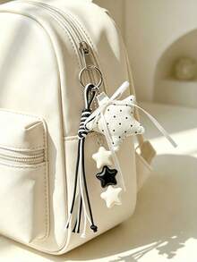Cute Star & Moon Bag Charm, Aesthetic Y2K Fabric Tassel Keychain, Maximalist Woven Key Ring Pendant, Preppy Backpack & Handbag Decorative Accessory - Multicolor - View 4