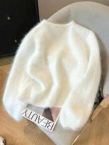 Women's Cozy White Knit Cardigan Long Sleeve Regular Length Round Neck Medium Stretch For Fall Outfits - White - View 7