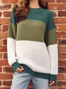 Fashionable Plus Size Striped Sweater, Bold Color Block Round Neck Pullover, Cute Plus Size Top For Daily Wear Fall - Multicolor - View 5