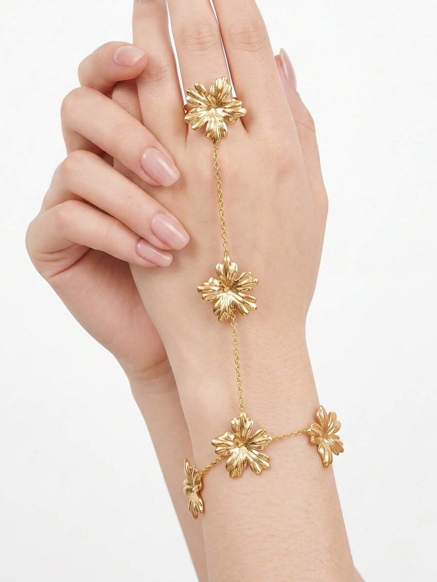1Set Flower Bracelet With Ring, Hypoallergenic Stainless Steel Hand Chain Connected Finger Ring Hand Harness Jewelry For Women Gift - Multiple Styles - View 1
