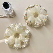 1pc Women's Cute Daisy Mesh Double Layer Hair Scrunchie, Fashionable Back Bun And Ponytail Hair Accessory, Suitable For Women's Daily, Party And Travel - Multicolor - View 3