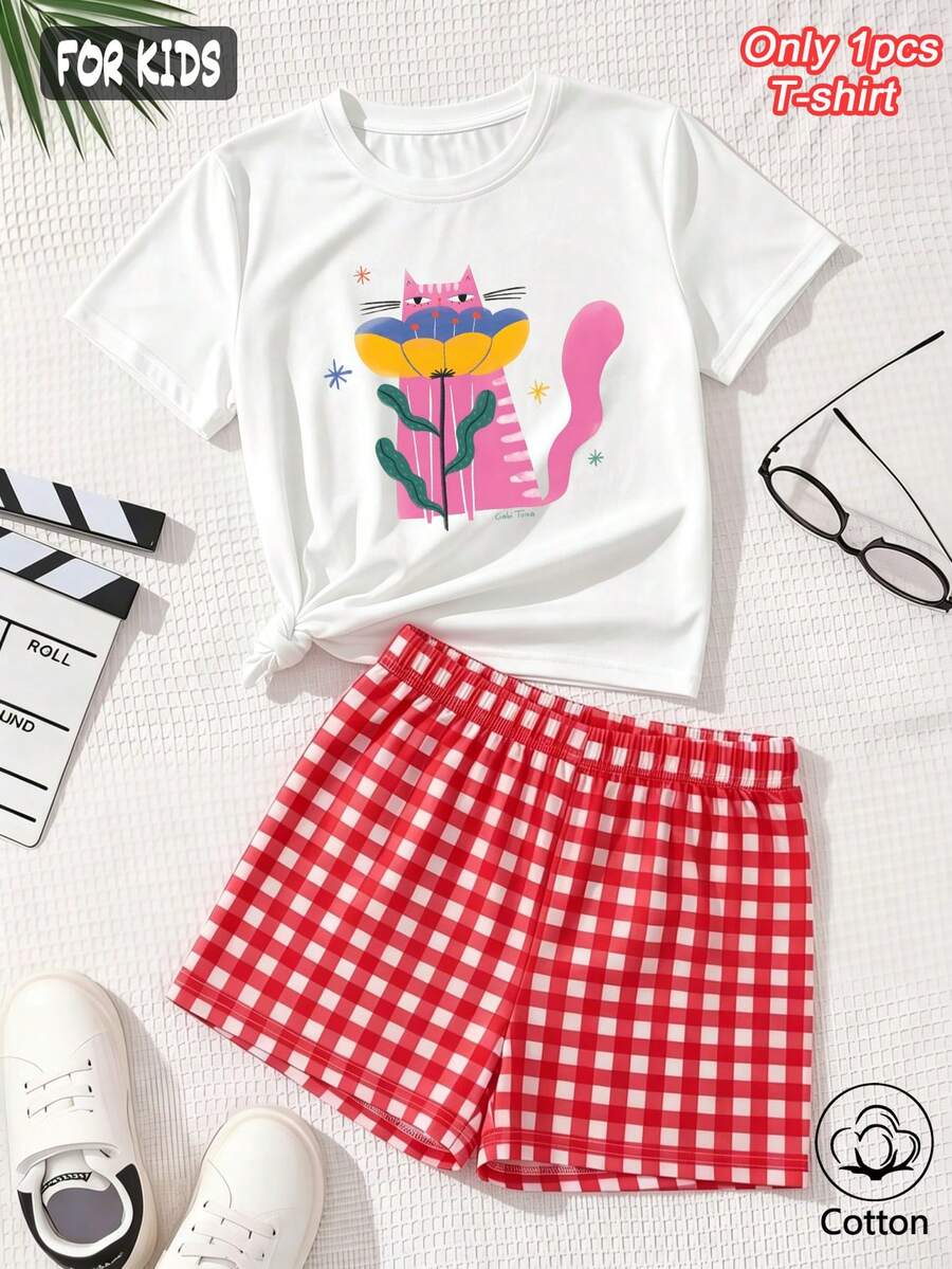 Summer & Autumn Girls' Cotton Short Sleeve T-Shirt, Cute Sweet Girly Preppy Style With Fun Printed Graphics - White - View 1