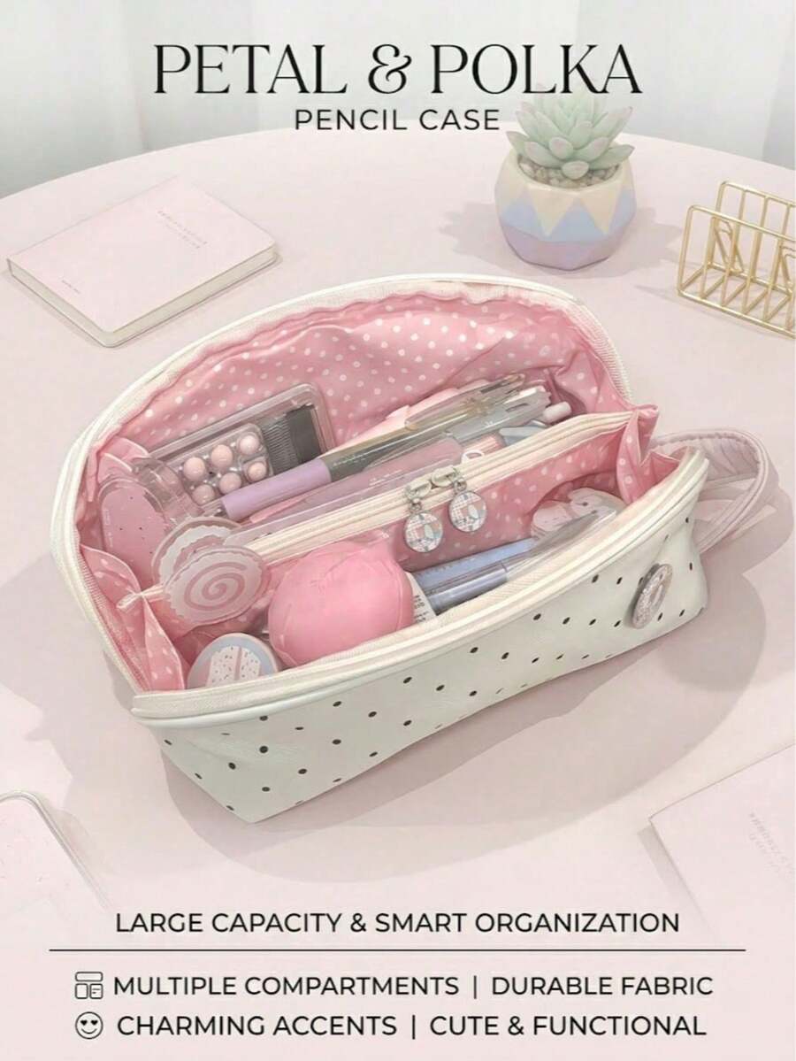 1pc Cute Multi-Compartment Stationery Storage Bag, Beige Polka Dot Design, Suitable For Students Classroom Learning, Back To School, First Day Of School - Multicolor - View 1