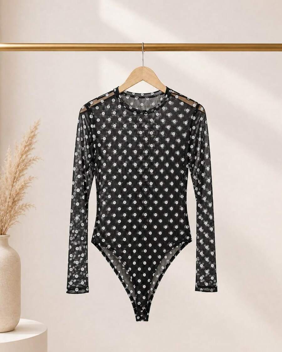 Basic Long Sleeve Tulle Bodysuit Autumn Winter 2025 Fashion - 黑白 - 查看 1
