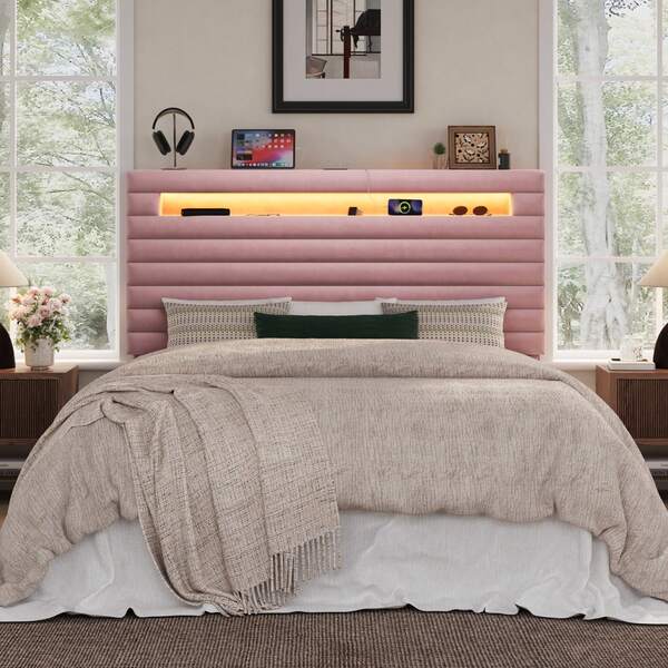 Allewie Twin/Full/Queen/King Upholstered Platform Bed Frame, Adjustable Velvet Headboard With RGB LED Lights & Charging Station, Wooden Slats With Hook-And-Loop Fastener Design, No Box Spring Needed, Noise-Free, Pink