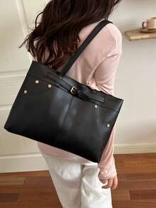 Solid Color Leather Belt Rivet Commuter Minimalist Design Large Capacity 2026 Summer New Tote Shoulder Underarm Bag For Women - Black - View 4