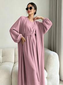 1 Set Soft Muslim 3-Piece Abaya Dress Inner Layer + Cardigan + Belt Classic Versatile Style - Multicolor - View 1