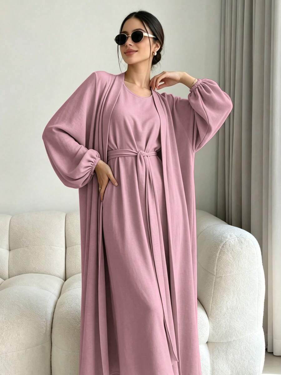1 Set Soft Muslim 3-Piece Abaya Dress Inner Layer + Cardigan + Belt Classic Versatile Style - Multicolor - View 1