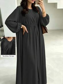 1 Set Soft Muslim 3-Piece Abaya Dress Inner Layer + Cardigan + Belt Classic Versatile Style - Multicolor - View 16