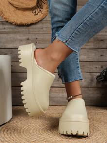 Girl's Fashionable Comfortable Warm High Heel Thick Sole Slippers For Autumn/Winter, Suitable For Commuting, Outdoor, Home And Bedroom - Khaki - View 3