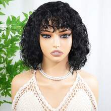 Short Curly Bob Wig, Brazilian Remy Human Hair, Curly Bangs, 150% Density, Full Machine Woven Human Hair Wig With Bangs, Glueless, No Lace, Daily Wear, Black, 10 Inch - Natural Black - View 7