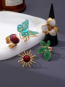 5pcs Women's Vintage Enamel Stackable Rings Set, Hollow Butterfly Sun Heart Flower Leaf Design, Burgundy Green White Colorblock Vintage Jewelry, Suitable For Daily Wear, Vacation And Party - Floral Butterfly Ring Set - View 4