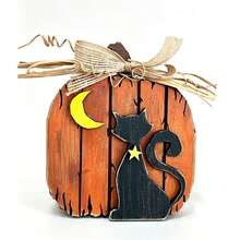 1/2pcs 3D Wooden Pumpkin & Black Cat Figurine Set, Vintage Halloween Desktop Decor, Freestanding Pumpkin Cat With Burlap Bow, Suitable For Tiered Tray, Fireplace Mantel, Indoor Home Party Decoration - Multicolor - View 12