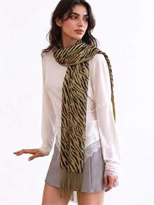 1pc Shiny Gold Thread Zebra Print Tassel Headscarf, Bohemian Style Elegant Party Solid Color Scarf, Street Style Versatile Sun Protection Shawl, Suitable For Daily And Party Wear - Gold Zebra Print - View 2