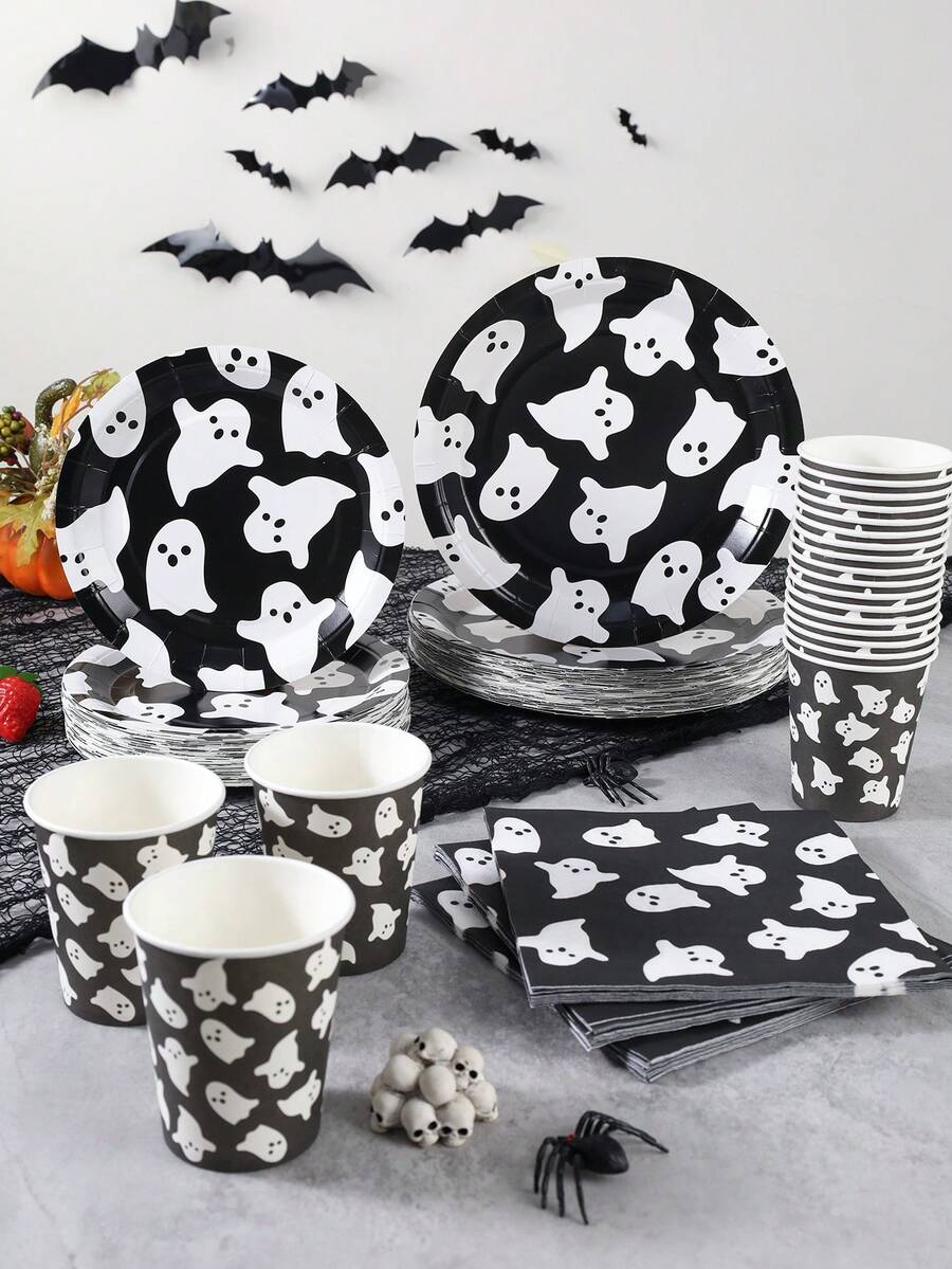 10/24pcs Disposable Paper Tableware Set, Includes 7/9 Inch Disposable Paper Plates, Cups And Napkins, White Background With Ghost Pattern, Suitable For Halloween Theme Party, Holiday Decoration And Minimalist Modern Seasonal Use - White Ghost On Black Background - View 1