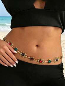 1pc Retro Punk Geometric Square & Oval Gold Metal Chain Body Chain, Fashionable Versatile Accessory For Tops, Dresses, Suitable For Daily Wear, Dances, Parties, Gatherings, And A Great Gift For Her - Gold - View 5
