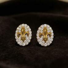 French Vintage Zirconia Inlaid 18K Gold Plated 3D Iris Oval Stud Earrings For Women - Gold - View 8
