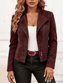 Women's Plus Size Faux Suede Motorcycle Jacket, Fashion Zipper Style Biker Jacket, Suitable For Autumn/Winter Wardrobe - Burgundy - View 3