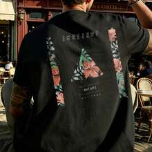 T-shirt à imprimé floral tropical 100% coton 180 g/m² Col rond Respirant Coupe régulière Été - Noir - Voir 5