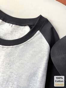 Women's Grey Black Contrast Raglan Sleeve Long Sleeve T-Shirt, Loose Fit Crew Neck Casual Baseball Style Top, Japanese Streetwear - Black and Gray - View 6