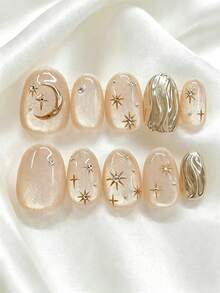 10pcs Handmade Press-On Nails, Short Oval Shape, Cute Minimalist Style, Hand-Painted Gold Stars And Moon, Suitable For Holidays, Spring Summer Autumn Winter, Perfect As A Gift, Essential Makeup Accessory For Girls - Gold - View 6