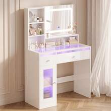 Devoko tocador con espejo LED, iluminación RGB y modo música, tocador con superficie de cristal, cajones, estante abierto, regleta de enchufes, USB/Tipo C y función de temporizador, blanco - Ver 4