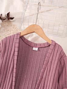 Purechapter Girls 2-Piece Set Casual Solid Color Ribbed Tank Dress And Long Cardigan, Suitable For Daily Casual Outdoor Wear, Girls Autumn Outfit - Rusty Rose - View 4