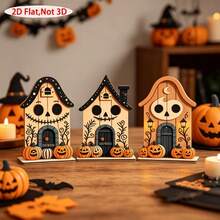 3 Buah Ornamen Dekorasi Halloween Kayu, Motif Hantu & , Aksesori Kecil untuk Pintu Masuk, Rak Buku, dan Meja - A - View 2