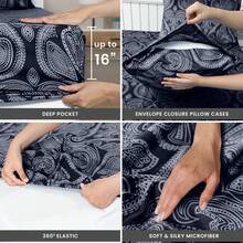Lux Decor 6-Piece Paisley Bed Sheets High GSM Brushed Microfiber Sheets - Elevate Your Sleep Experience With 16-Inch-Deep Pocket Bedding Sheets & Pillowcases- Back To School- Graduation Gift- All Sizes Available- Winter Vibes, Christmas Decor, - 黑色 - 查看 5