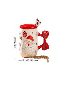 1pc Christmas Ceramic Mug With Bow-Shaped Handle, Santa, Snowman & Reindeer Pattern Coffee Cup, Red Lid And Cute Stirrer Included, Holiday Table Decoration, Festive Drinkware For Coffee & Cocoa, Ideal Christmas Gift For Family And Friends - Multicolor - View 12