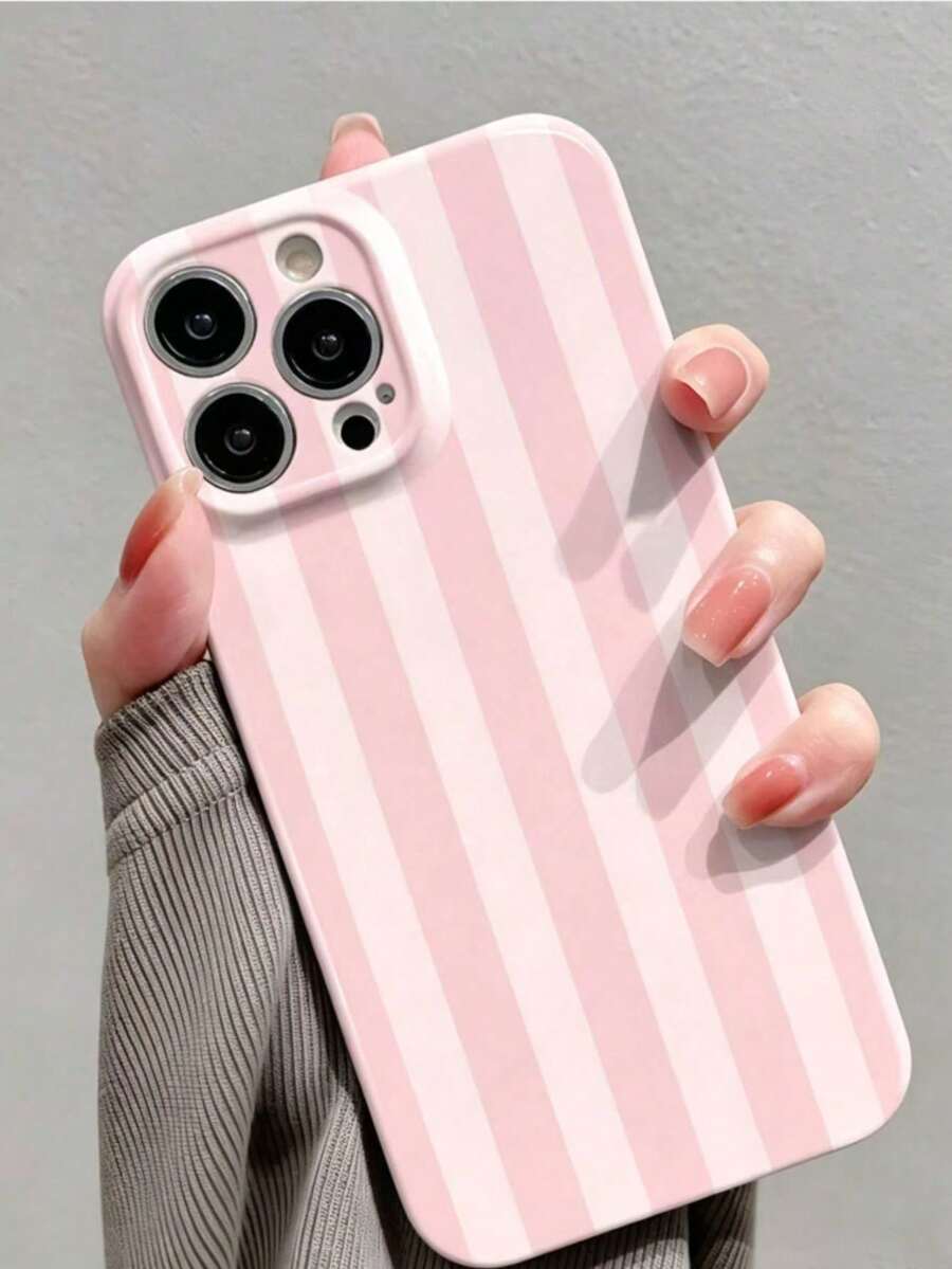 1pc Minimalist Girly Style Striped Pattern Perforated Glossy Film Full Coverage Hard Phone Case Compatible With IPhone 11/12/13/14/15/16 Pro Max - Multicolor - View 1