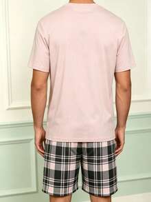 Men's WEEKEND Letter Print Short Sleeve Plaid Shorts Pajama Set, 2 Pieces Comfortable Loungewear Set - Multicolor - View 2