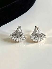 1 par de pendientes de oreja tipo cuff de metal con diseño de concha vintage minimalista, textura premium de nicho, estilo personalizado hip-hop y playa para vacaciones, para uso diario y festivo de mujer - Plateado - Ver 2