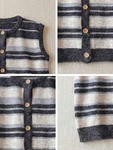 JIANHU Autumn/Winter Striped Knit Vest, Women's Comfortable Fuzzy Sweater Vest, Button Front, Casual Layering Fall - Dark Gray - View 11