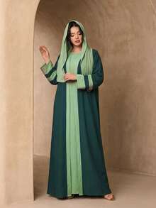 Fashionable Versatile Ice Silk Crinkled 4-Piece Set Women's Elegant Sleeveless Long Robe + Abaya Cardigan Long Robe + Scarf + Waist Rope Set, Soft Skin-Friendly Sun Protection Muslim Clothing Shawl - Green - View 1