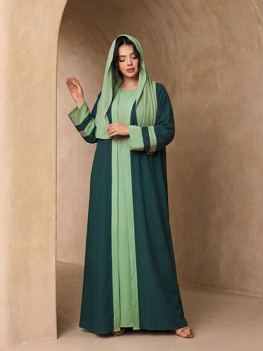 Fashionable Versatile Ice Silk Crinkled 4-Piece Set Women's Elegant Sleeveless Long Robe + Abaya Cardigan Long Robe + Scarf + Waist Rope Set, Soft Skin-Friendly Sun Protection Muslim Clothing Shawl - Green - View 1