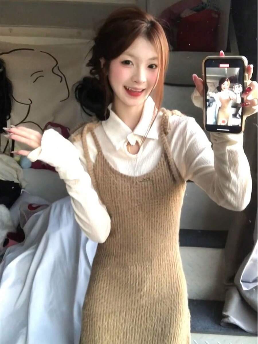 Y6Y Women's White Layering Knit T-Shirt, Unique & Pretty Winter Top, Autumn/Winter 2026 - White - View 1