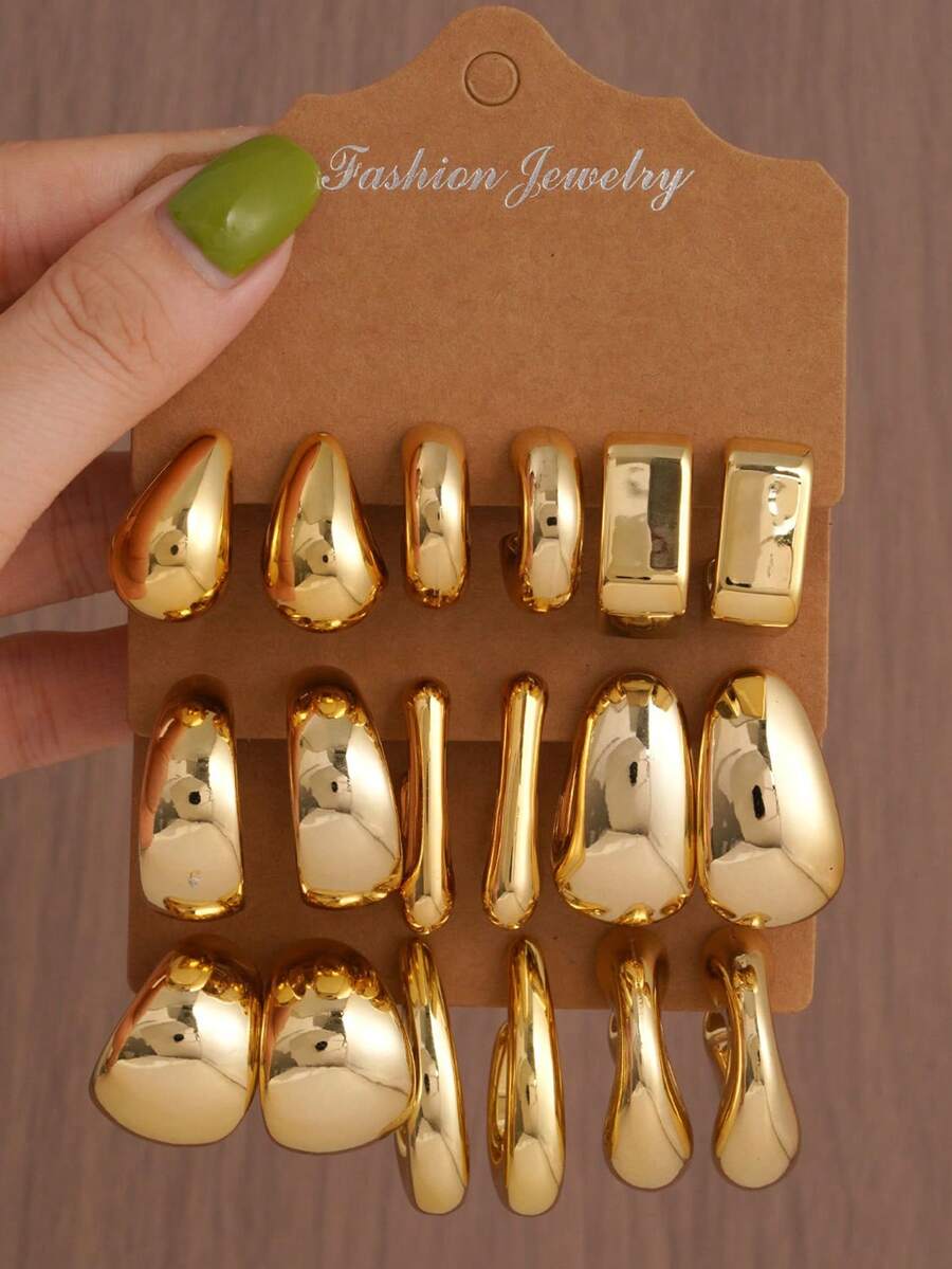 CCB Shiny Gold Geometric Water Drop Square Hoop & Stud Earrings Set, Minimalist Daily Wear Women's Fashion Jewelry - Gold - View 1